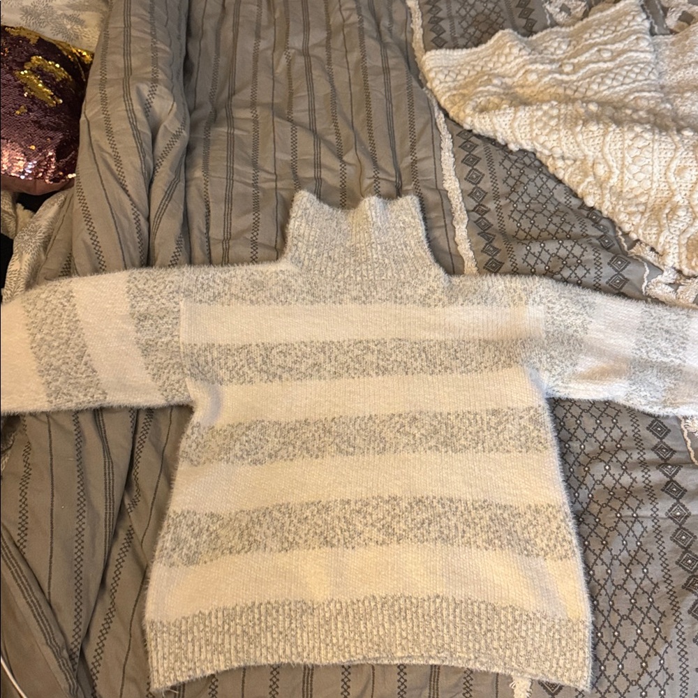 Bershka Gray and White Striped Turtleneck Sweater